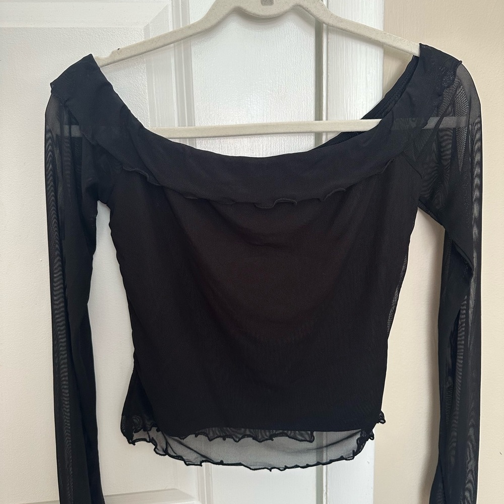 Princess Polly Black Sheer Long Sleeve Off the Shoulder Crop Top